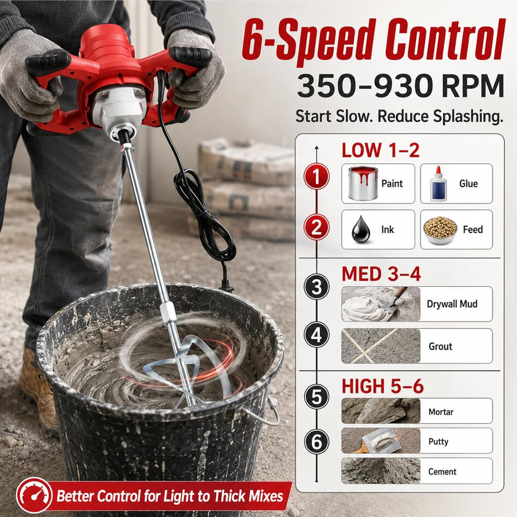 2100W Cement Mixer, 110V 6-Speed Handheld Electric Concrete & Mortar Mixer with Paddle, Copper Motor Mud Mixer for