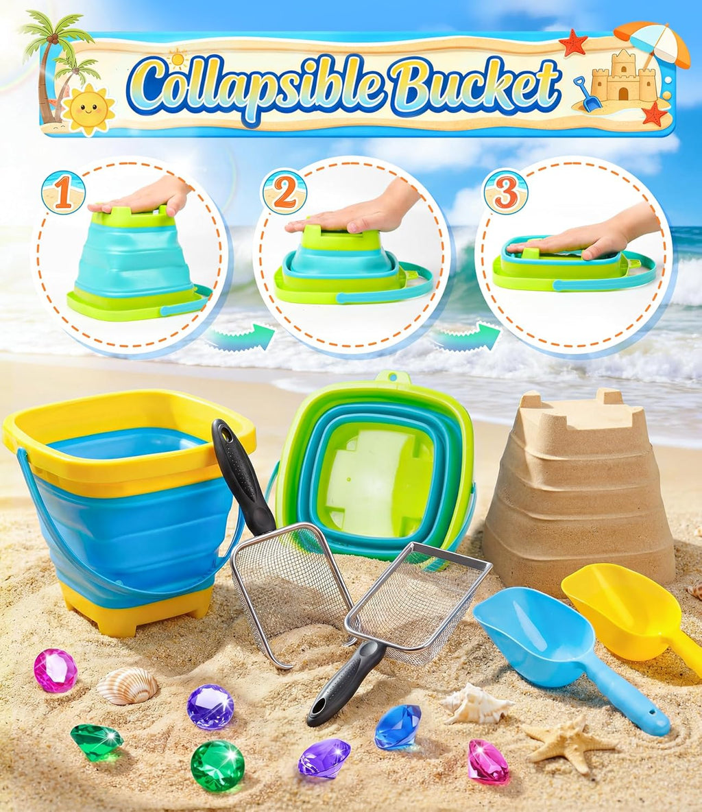 Beach Toys for Kids 24 Pcs Metal Sand Sifter Collapsible Beach Buckets Set | Stainless Steel Sand Shovel, Sandcastle