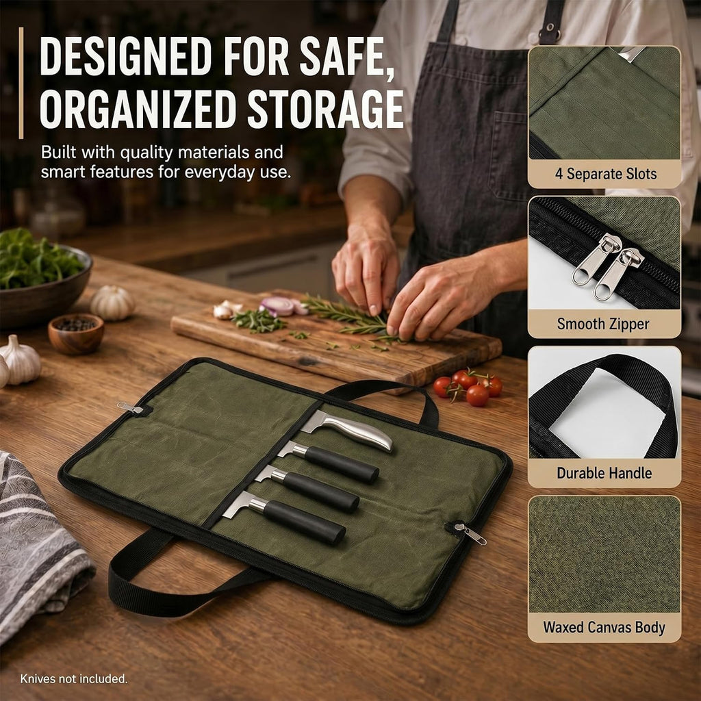 4 Slots Chefs Knife Roll Bag Cutlery Storage Case Men Army Green | Heavy duty waxed canvas pouches.Portable handles