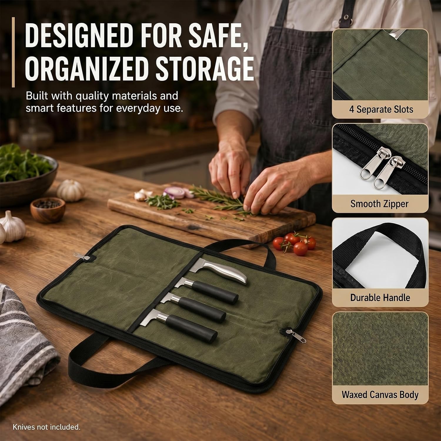 4 Slots Chefs Knife Roll Bag Cutlery Storage Case Men Army Green | Heavy duty waxed canvas pouches.Portable handles