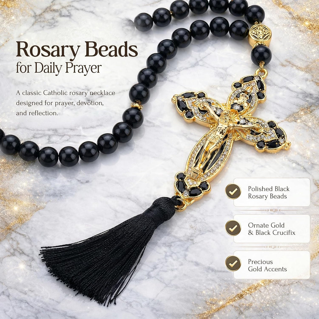 Catholic Car Rosary for Rearview Mirror, Black 40-Bead Rosary with Saint Benedict Cross, Cross for Car Mirror