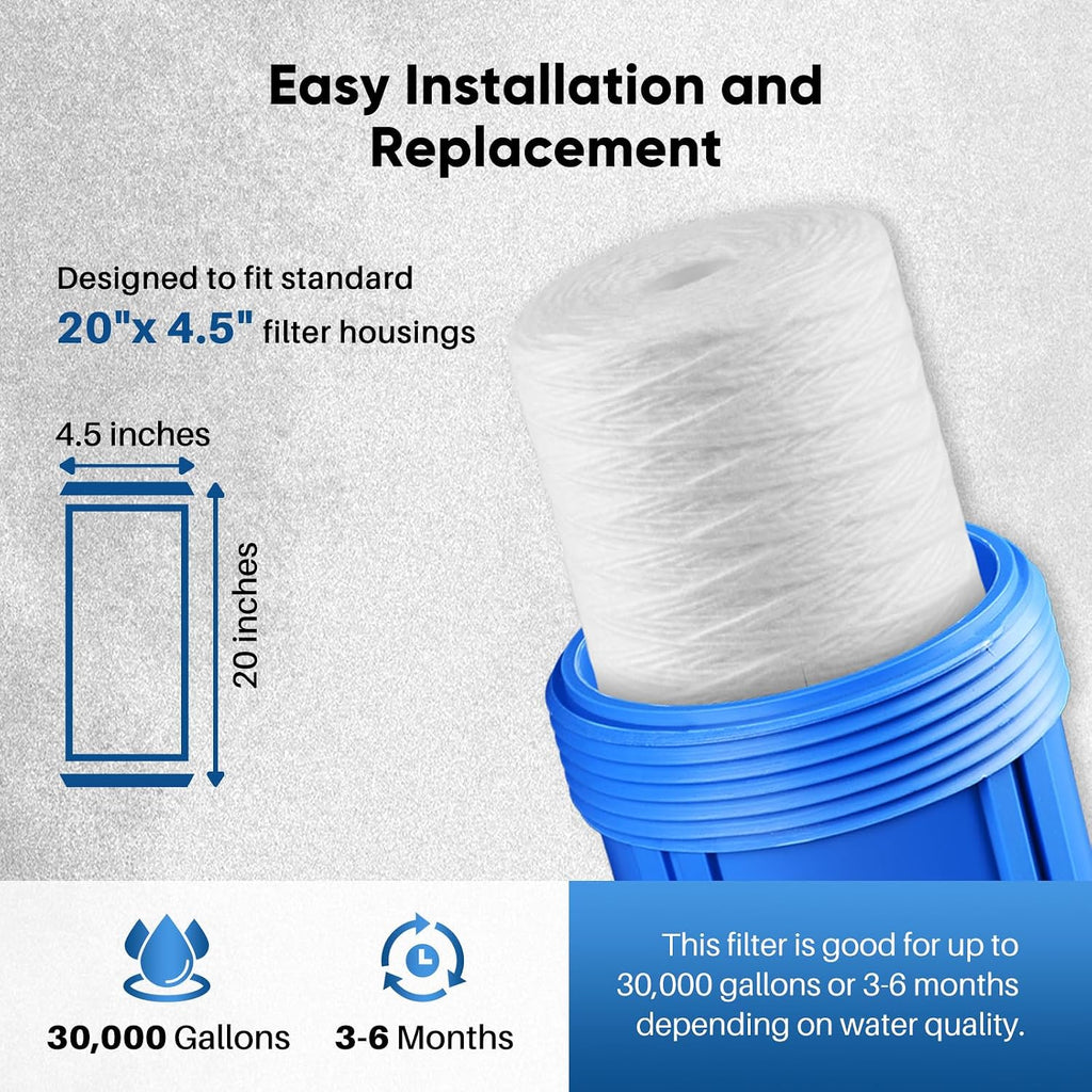 PUREPLUS 5 Micron 20"x4.5" Whole House String Wound Sediment Filter 4 Pack
