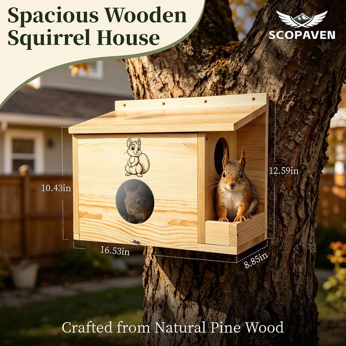 XL Squirrel House 16.5", Anti-Predator Nest Box with Feeder, Viewing Window