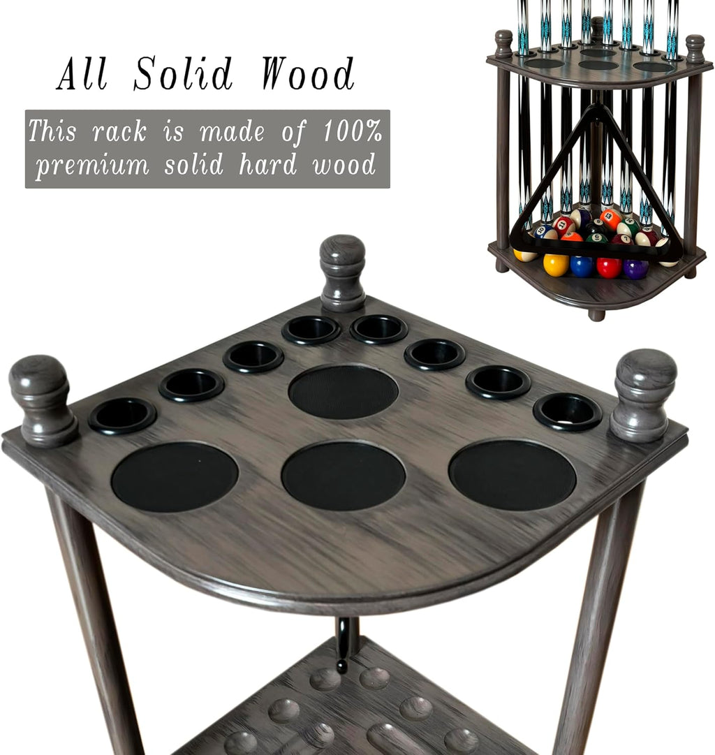 Pool Cue Rack Hold up to 8 Sticks & Billiard Accessories. Floor Stand Pool Cue Stick Holder Made of 100% Solid
