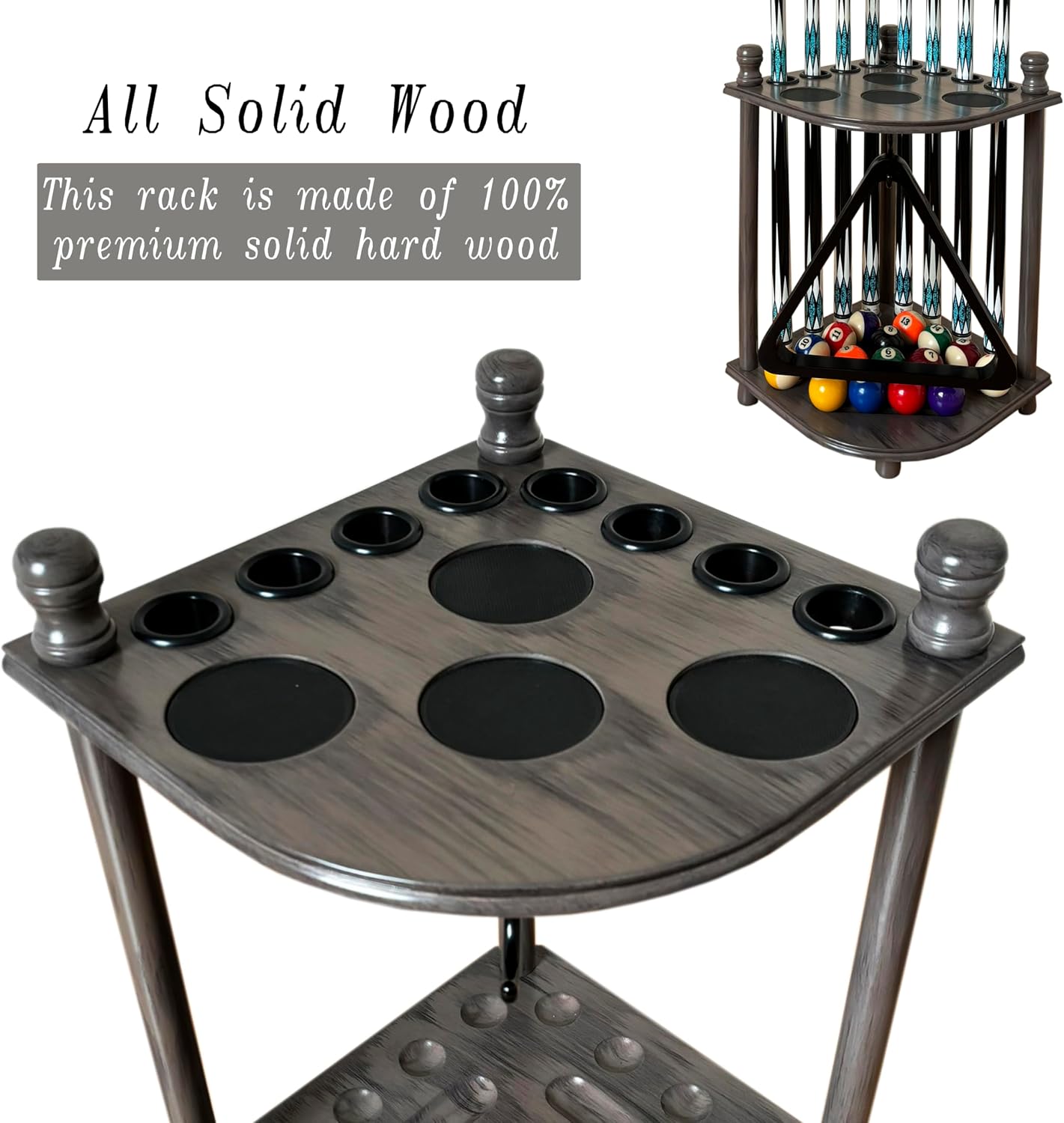 Pool Cue Rack Hold up to 8 Sticks & Billiard Accessories. Floor Stand Pool Cue Stick Holder Made of 100% Solid
