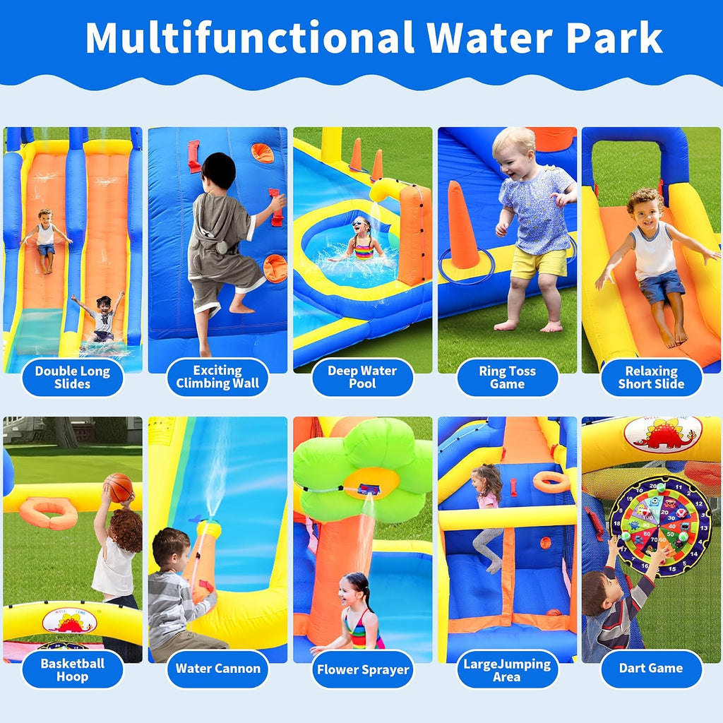 14 in 1 Inflatable Water Park with 3 Slides Bounce House, Dartboard, Ring Toss Game, 650W Blower, Backyard Waterslide