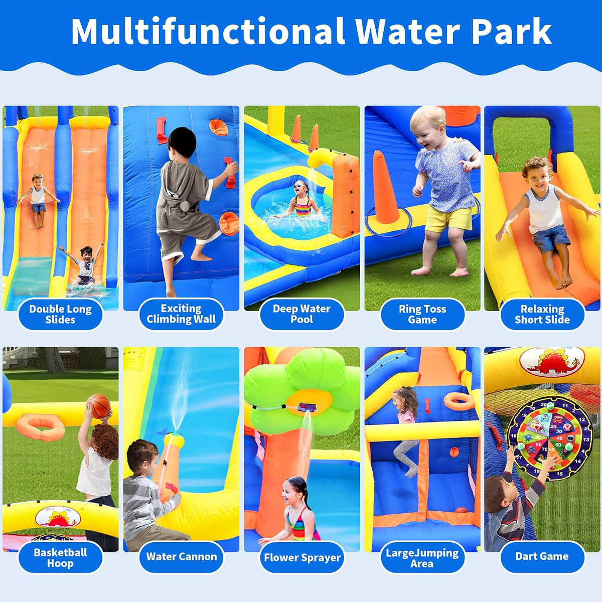 14 in 1 Inflatable Water Park with 3 Slides Bounce House, Dartboard, Ring Toss Game, 650W Blower, Backyard Waterslide