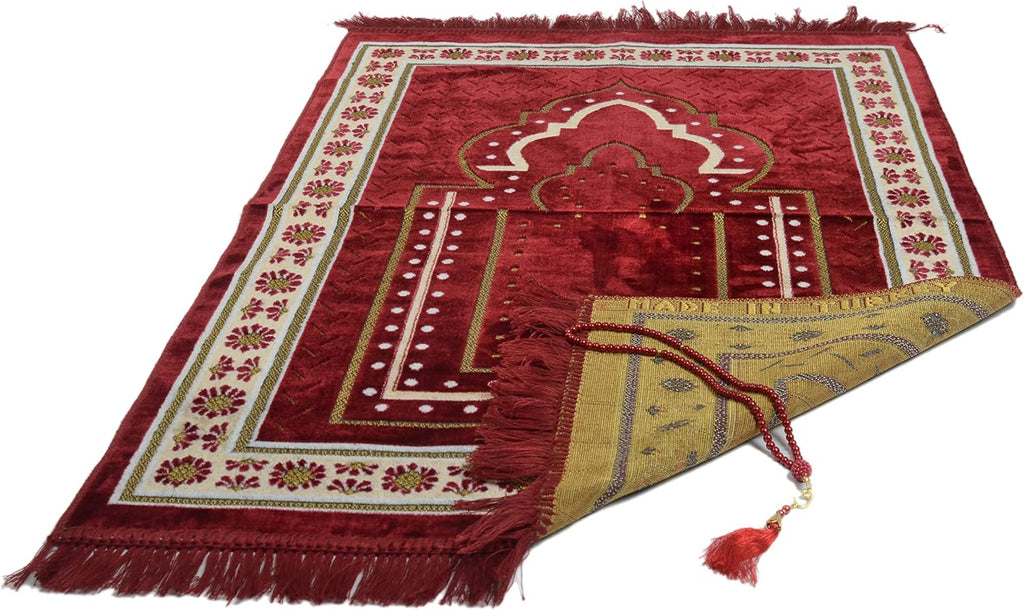 TB Islamic Prayer Rug Plush Soft Velvet Muslim Mat Unique Arabic Turkish African Embroidered Design Prayer Bead Daily