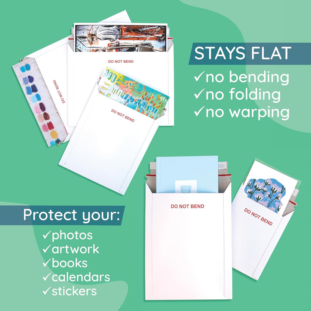 25 12.75" x 15" Rigid Mailers, Self Seal, Do Not Bend | White cardboard, stay-flat rigid, peel and seal, protects