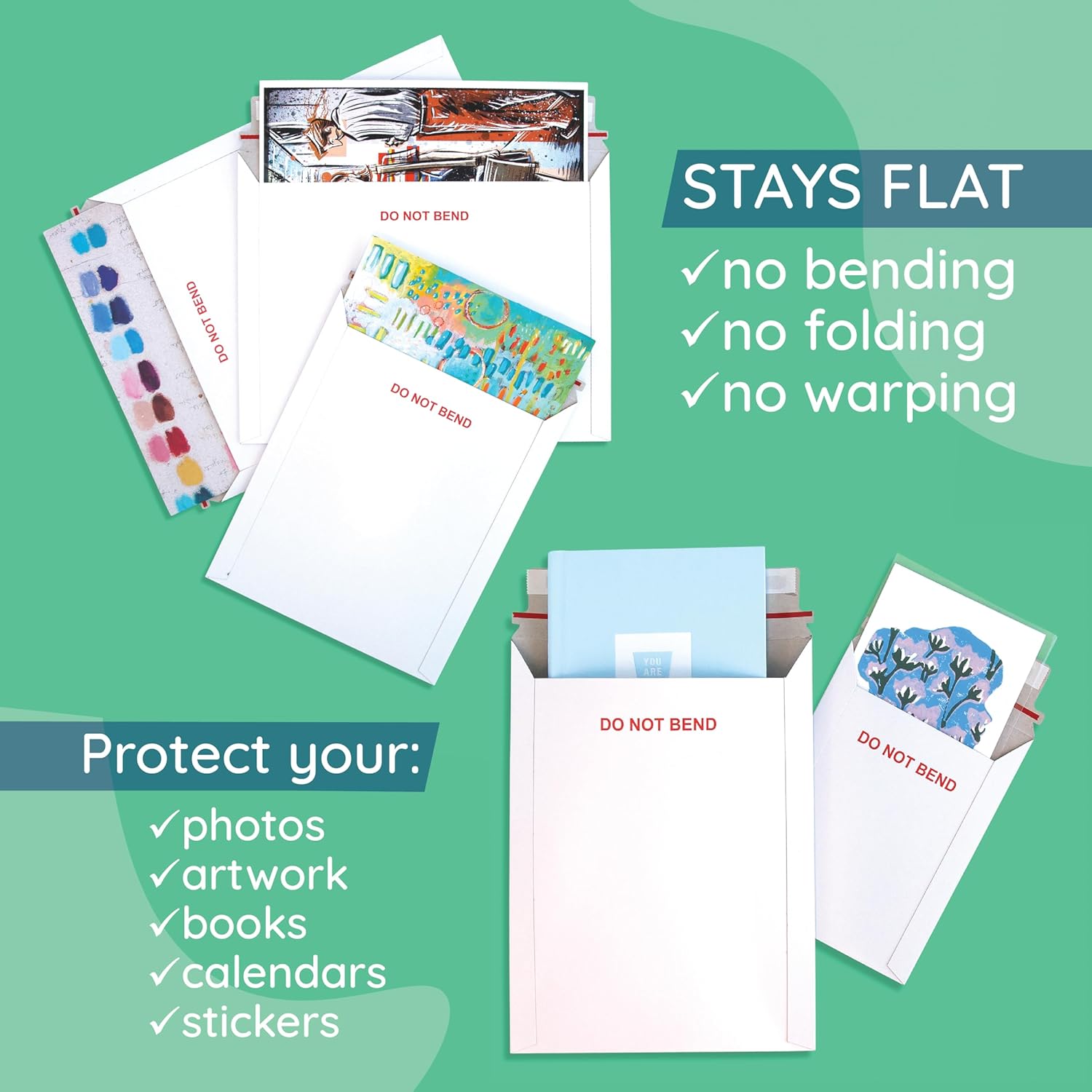 25 12.75" x 15" Rigid Mailers, Self Seal, Do Not Bend | White cardboard, stay-flat rigid, peel and seal, protects