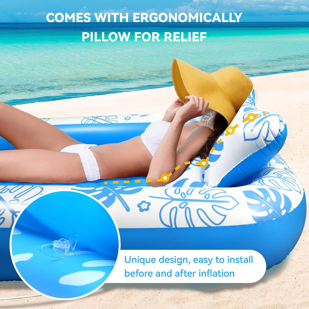 Inflatable Tanning Pool Lounger Float with Cervical Pillow - Pool Floats Adult for Sunbathing, Backyard, Pool Party