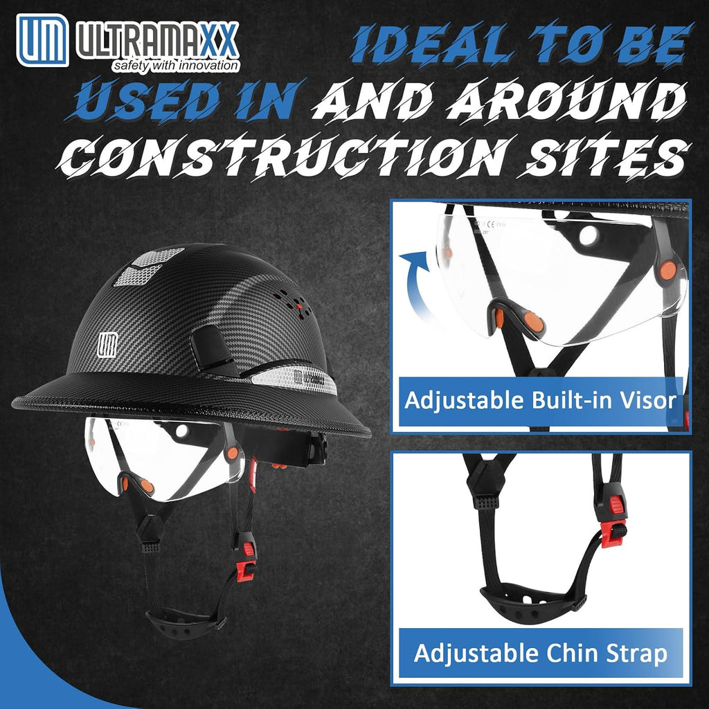 Full Brim Hard Hat with Built-in Visor, ANSI Z89.1 OSHA Approved Construction Safety Helmet with Chin Strap for Men