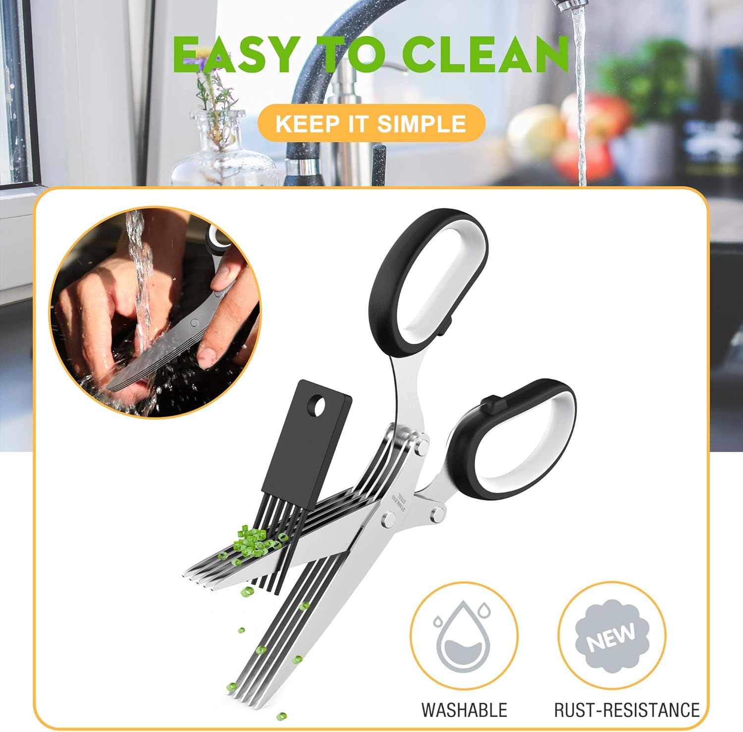 Herb Scissors with 5 Blades and Cover, Kitchen Herb Cutter with Cleaning Comb, Stainless Steel Multi Blade Herb