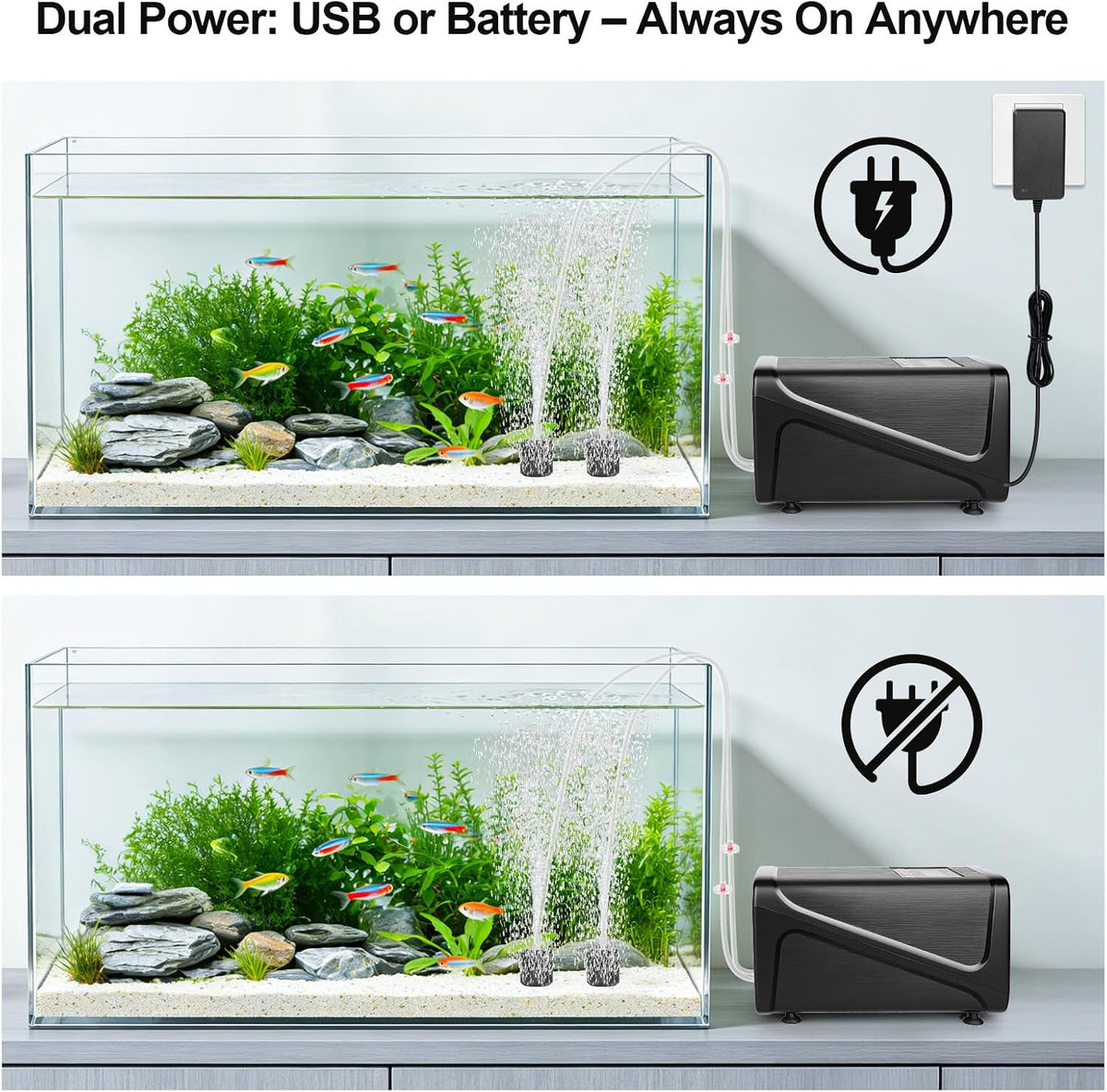 Battery Backup Aquarium Air Pump, Rechargeable Dual-Outlet Fish Tank Oxygen Pump, Quiet Portable Aerator for Outdoor