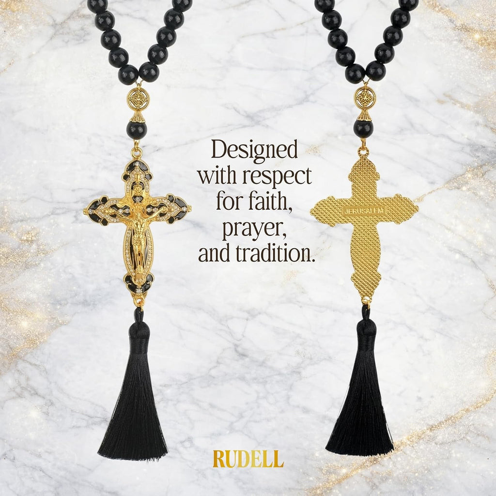 Catholic Car Rosary for Rearview Mirror, Black 40-Bead Rosary with Saint Benedict Cross, Cross for Car Mirror