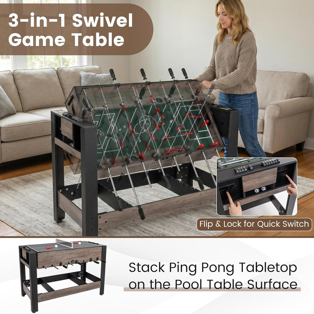 3-in-1 Swivel Game Table, 49'' Combo Game Table with Foosball, Pool Billiards & Table Tennis for Adults, Indoor