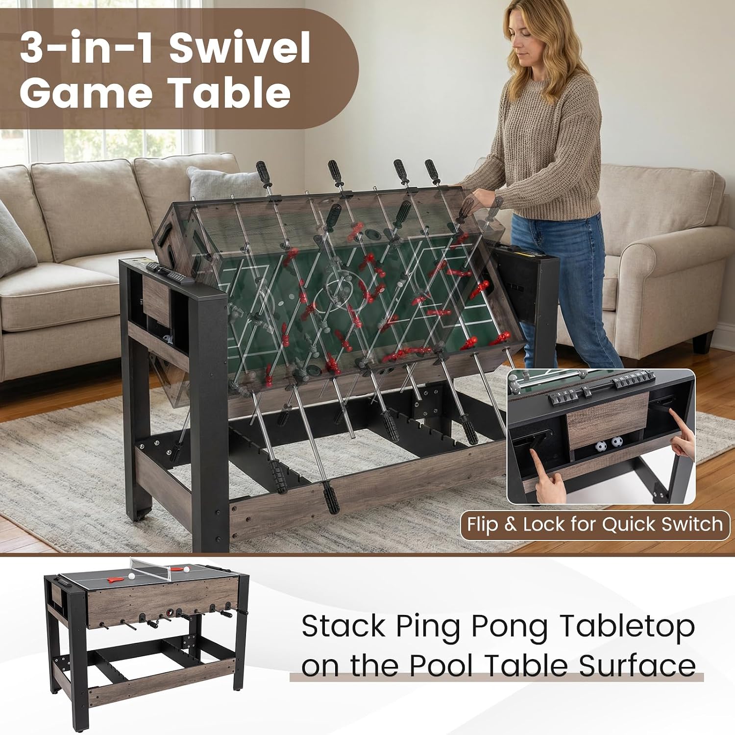 3-in-1 Swivel Game Table, 49'' Combo Game Table with Foosball, Pool Billiards & Table Tennis for Adults, Indoor