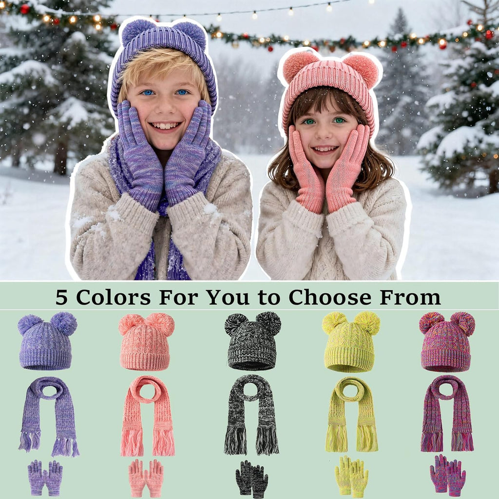 Kids Beanie Scarf Gloves Set, Boys Girls Toddler Winter Warm Fleece Lined Hat with Pom Pom Knit Scarf Mittens 3 in 1