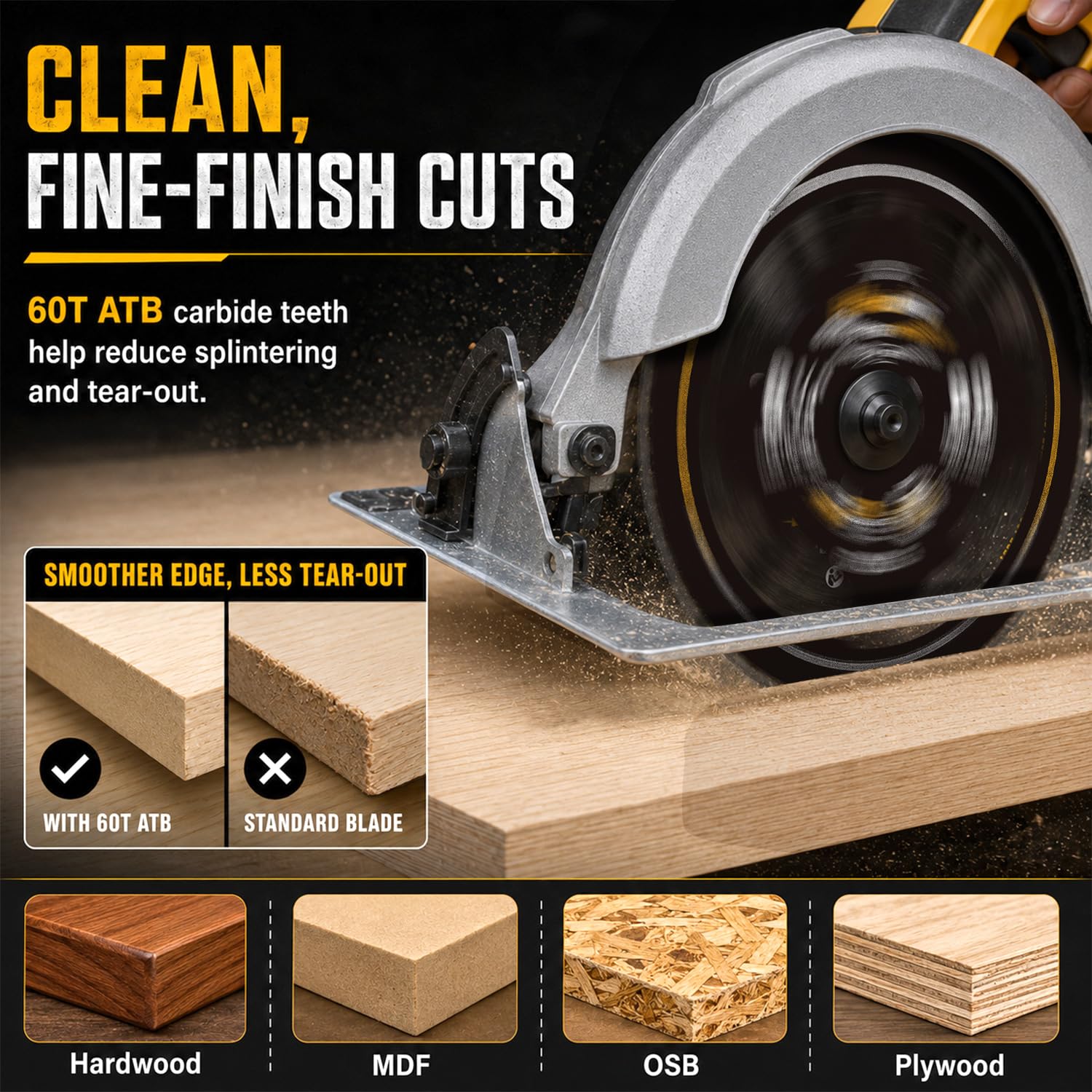 8-1/4 Table Saw Blade 60T Wood Cutting, 5/8 Arbor, Diamond Knockout | 60T carbide teeth and 2.0mm thin kerf deliver