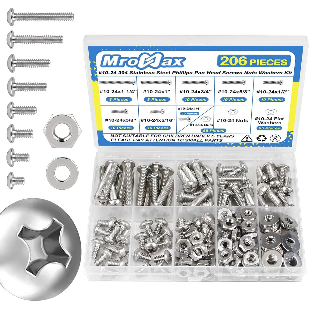 206Pcs #10-24 x 1/4" to 1-1/4" Pan Head Machine Screws Nuts Washers Kit