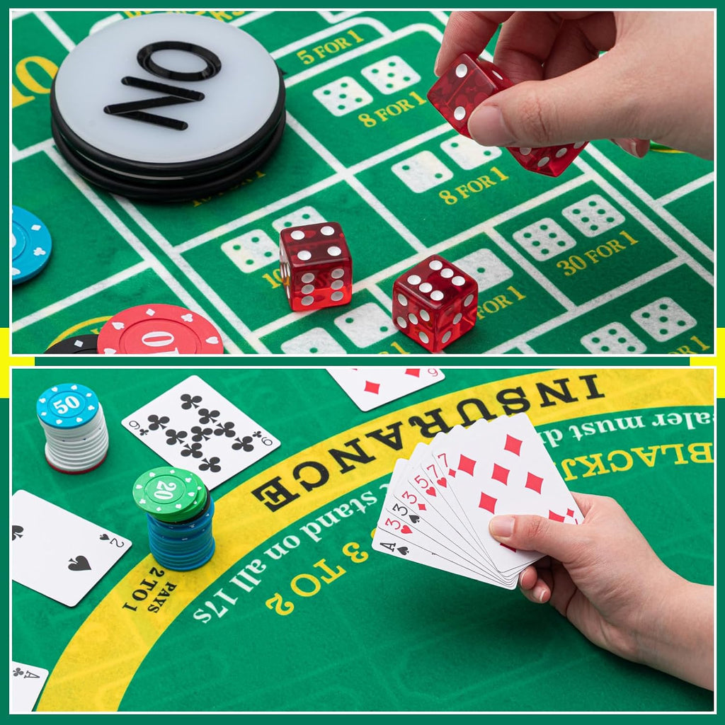 Casino Night 4 in 1 Complete Game Set for Craps Texas Holdem Party | 2 Double Sided Felts Layout Mat, 10" Roulette