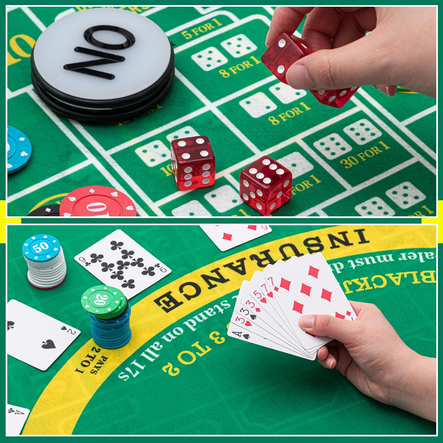 Casino Night 4 in 1 Complete Game Set for Craps Texas Holdem Party | 2 Double Sided Felts Layout Mat, 10" Roulette