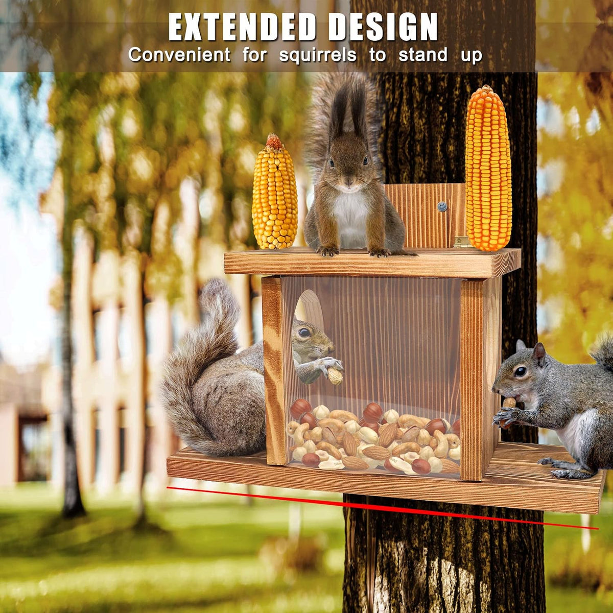 Carbonized Wood Squirrel Feeder, Squirrel Feeders for Outside Winter, Durable Squrrill House Box Easy to Fill with