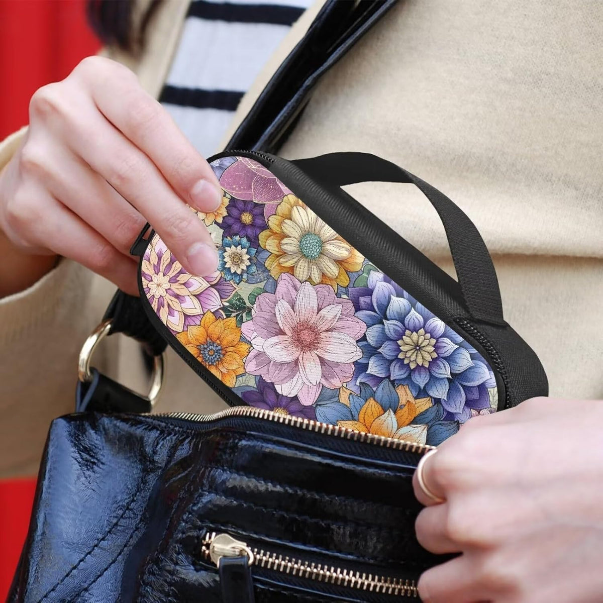 Bohemian Flower Diabetic Supplies Bag Carrying Case Organizer For Diabetes Testing Kit, Blood Glucose Monitor Kit