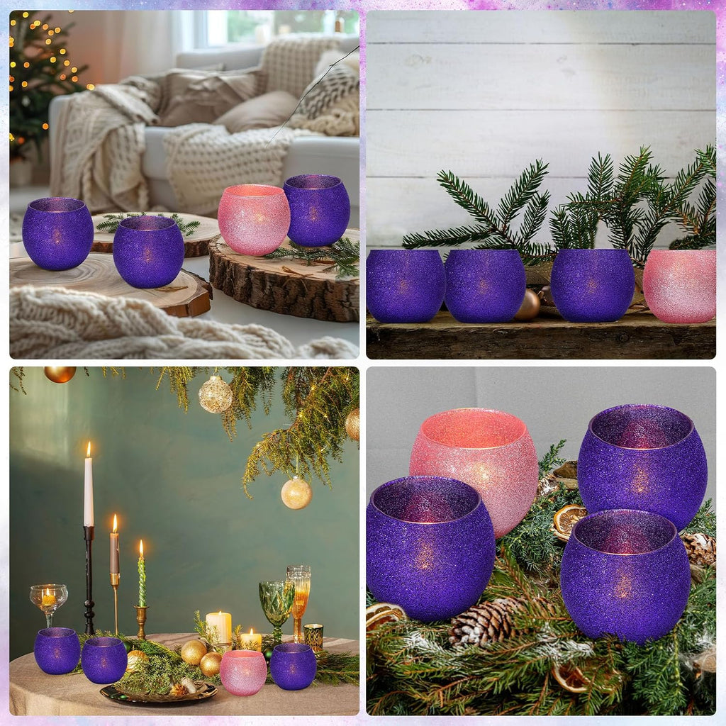 4 Set Christmas Advent Candle Holders Glass Glitter Tealight