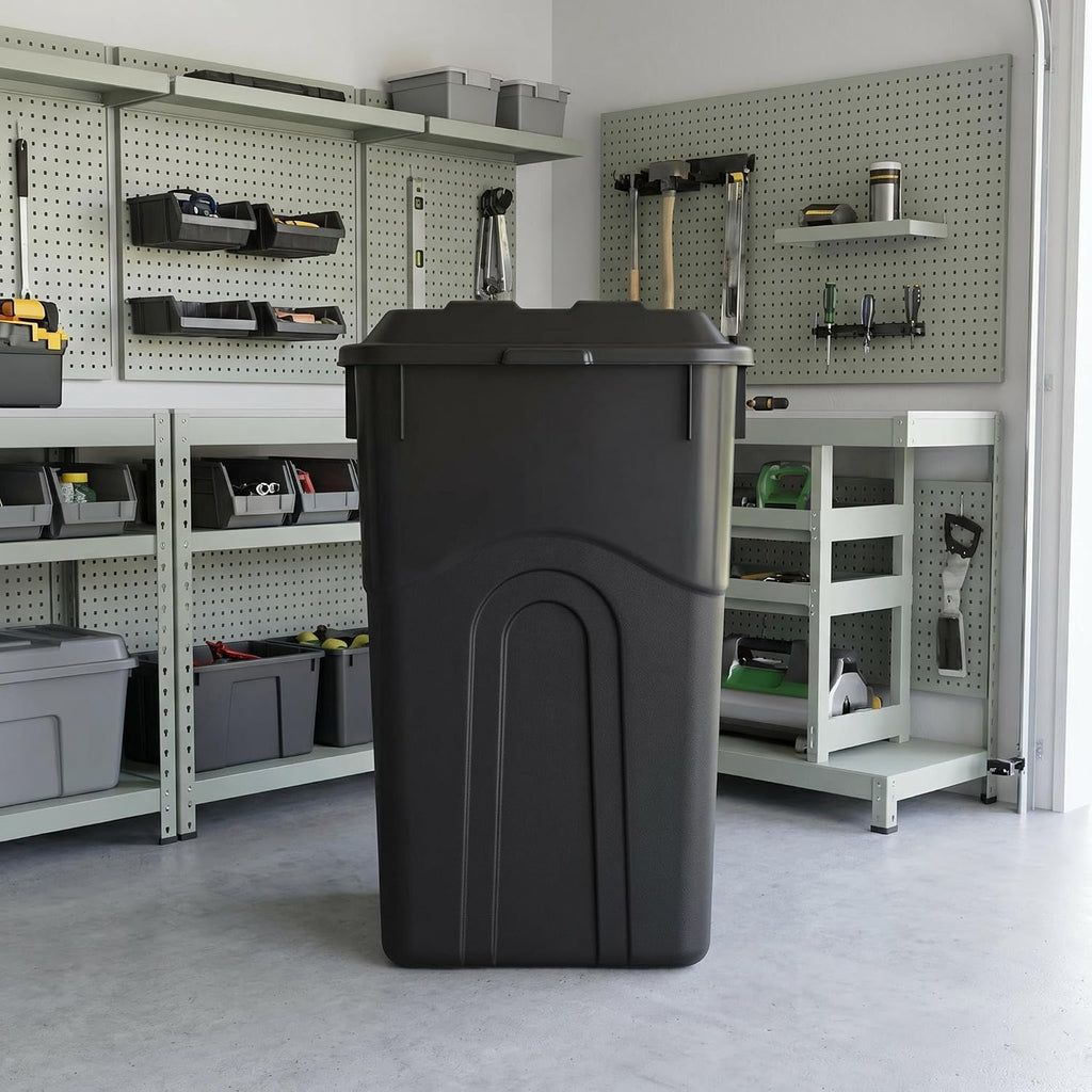 45 Gallon Wheeled Heavy Duty Plastic Garbage Can with Attached Lid, Durable Outdoor Trash Can with Wheels, Large