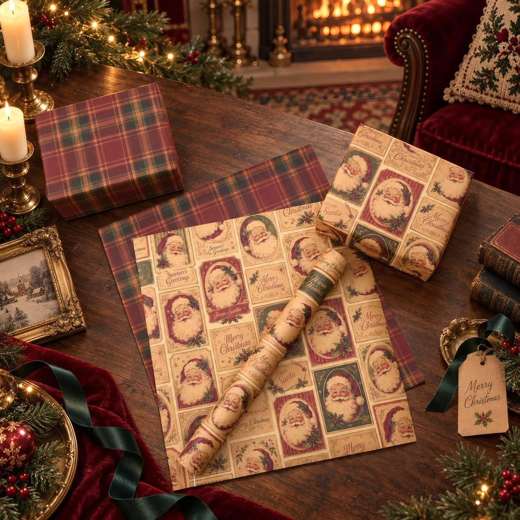 Vintage Santa Christmas Wrapping Paper Rolls,Brown Gift Wrap