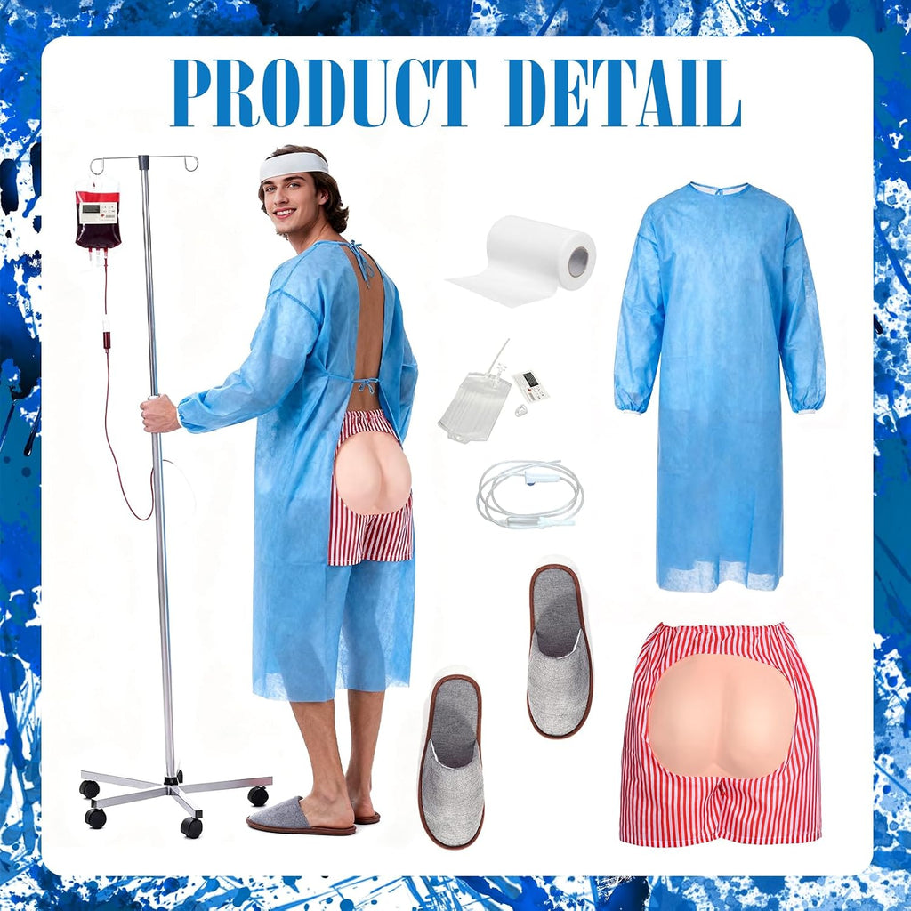 9 Pcs Patient Gown Party Costumes Set, Hospital Gown Outfit for Men Women Funny Shorts Halloween Cosplay Themed Party