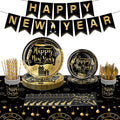Happy New Years Eve Party Supplies Kit – New Year Eve Decorations Banner Plates and Napkins Cups Forks Tablecloth