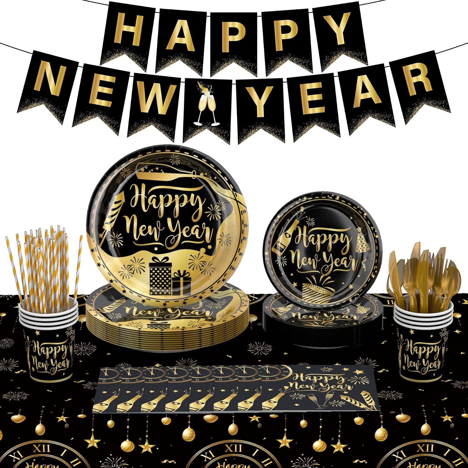 Happy New Years Eve Party Supplies Kit – New Year Eve Decorations Banner Plates and Napkins Cups Forks Tablecloth
