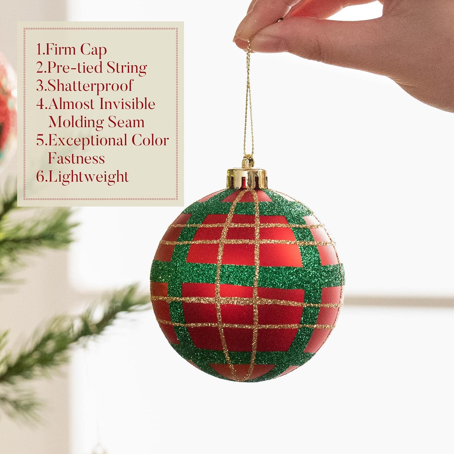 16ct Christmas Ball Ornaments Set, Red Green and Gold Shatterproof Hanging Decorations for Trees, 3.15 Inches