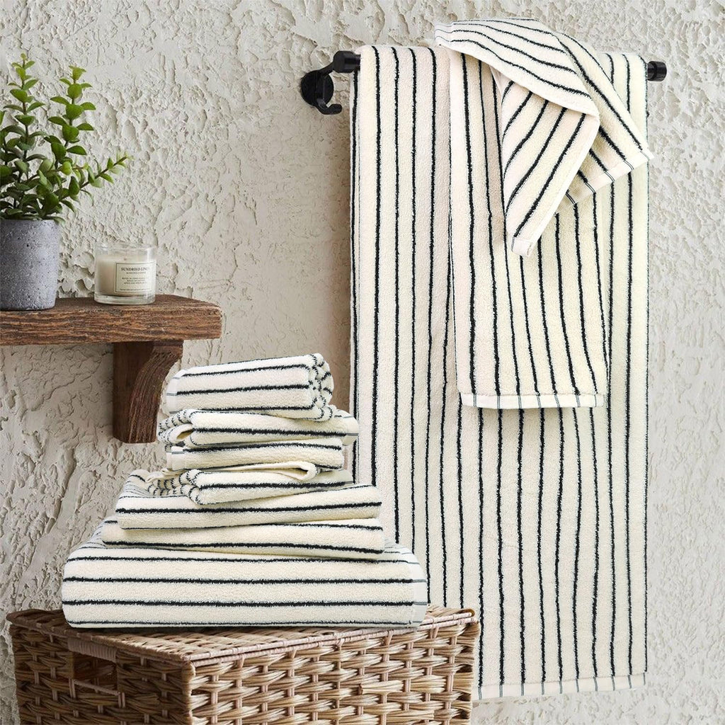 8 Piece Black and Ivory Towel Set, Super Soft & Absorbent Cotton Striped | Towels for Bathroom Decor, 2 Bath, 2 Hand