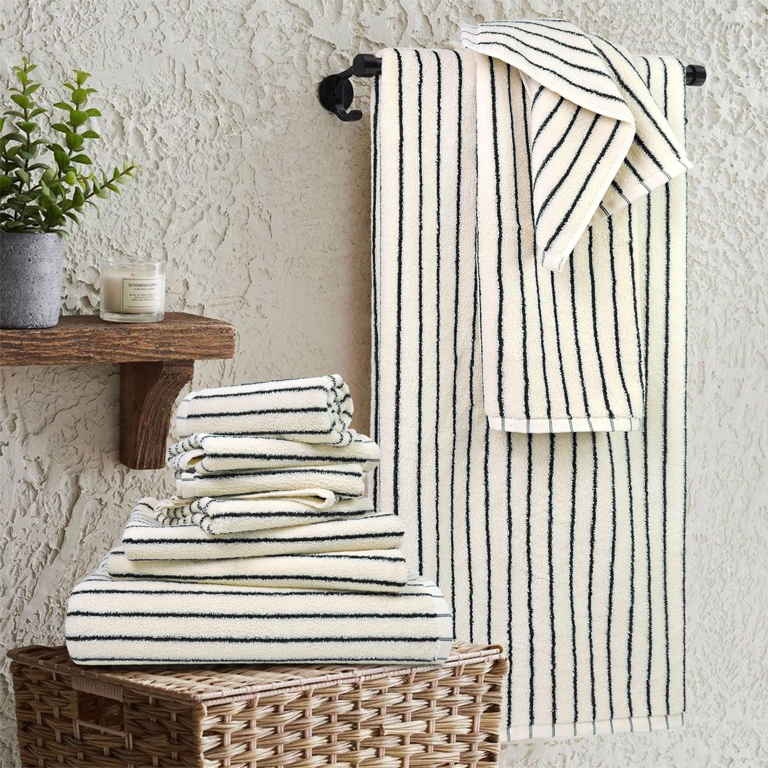 8 Piece Black and Ivory Towel Set, Super Soft & Absorbent Cotton Striped | Towels for Bathroom Decor, 2 Bath, 2 Hand