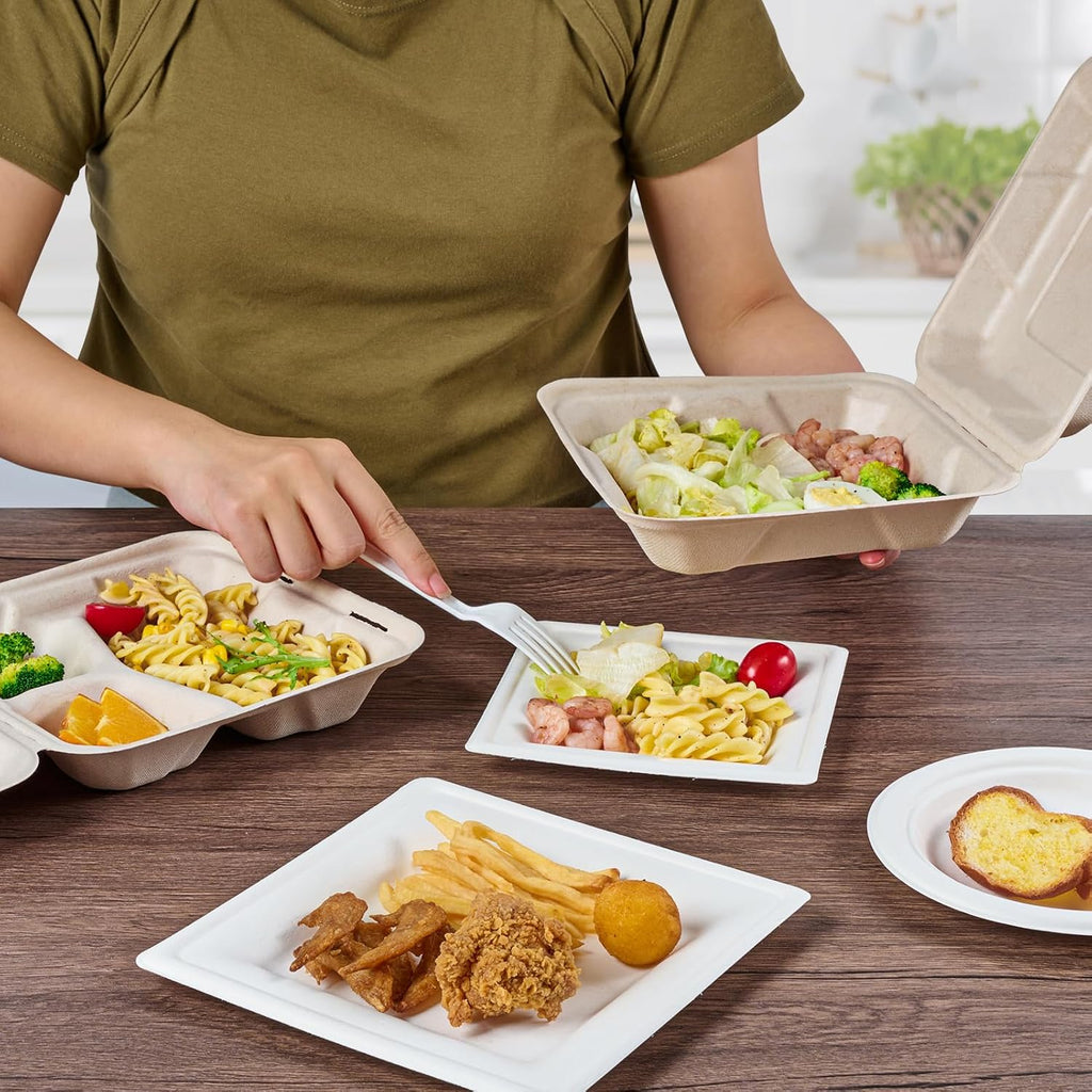 50 Pack Compostable Clamshell Take Out Food Containers, 8 inch