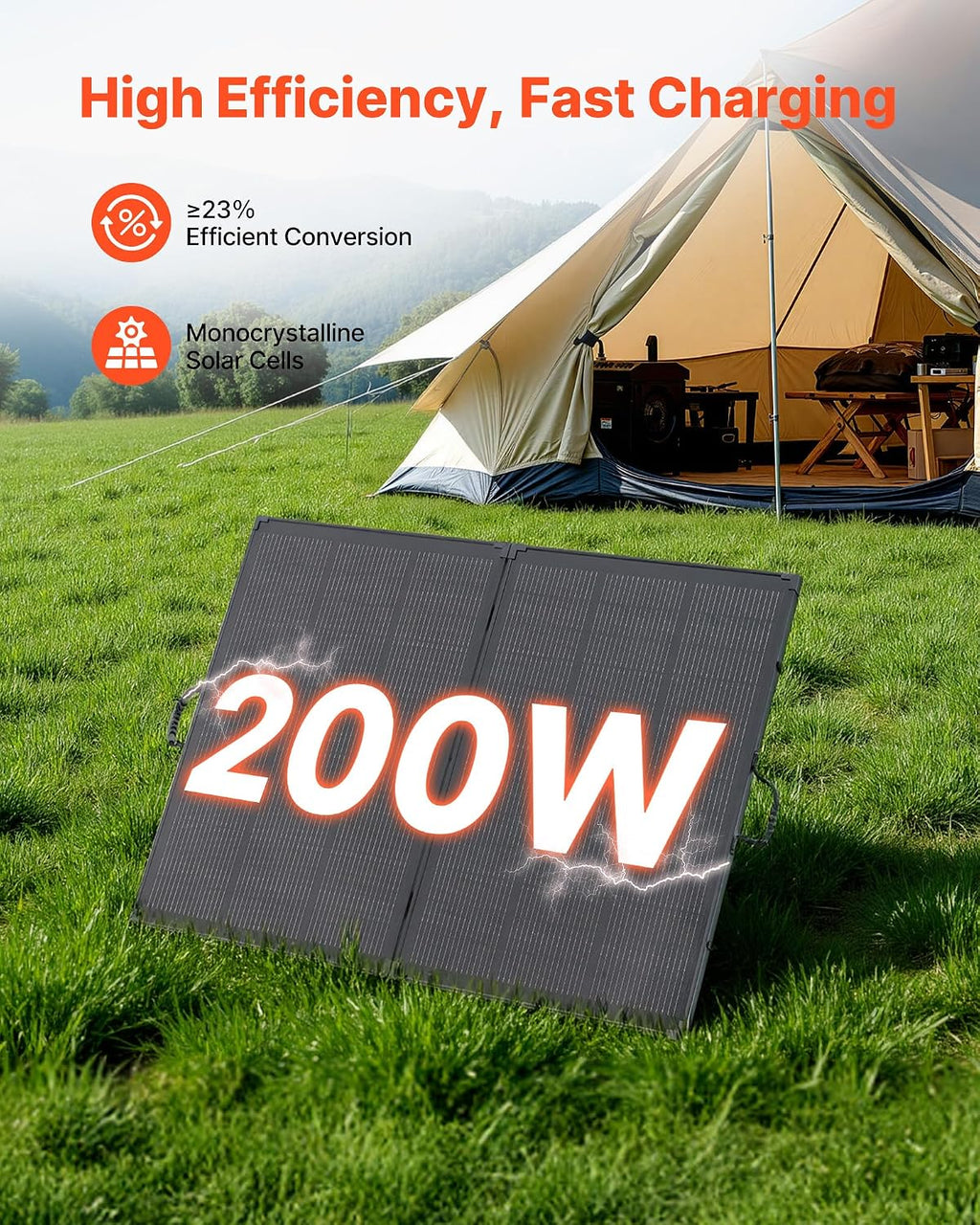 200W Foldable Solar Panel with Frame, 23% High-Efficiency Portable Monocrystalline Solar Panel Charger with 30A PWM