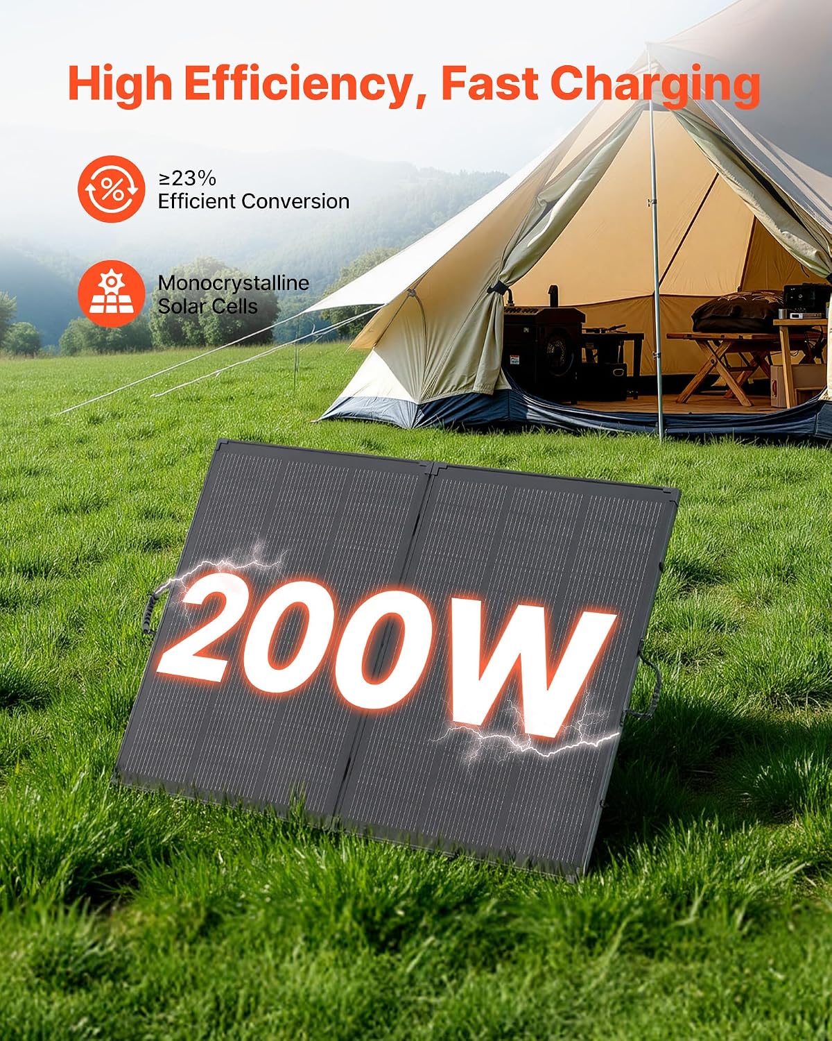 200W Foldable Solar Panel with Frame, 23% High-Efficiency Portable Monocrystalline Solar Panel Charger with 30A PWM