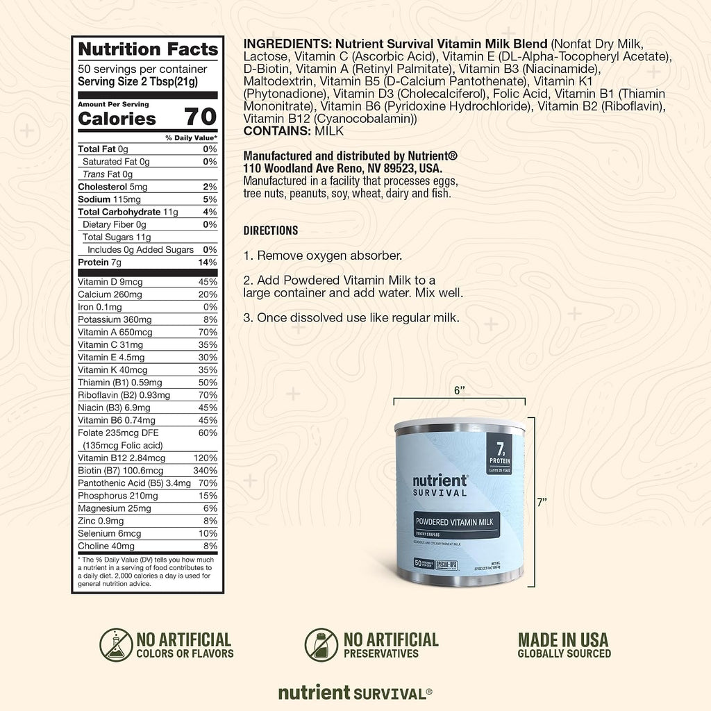Vitamin Powdered Milk, Freeze Dried Prepper Supplies & Emergency Food Supply, 21 Essential Nutrients, Soy & Gluten
