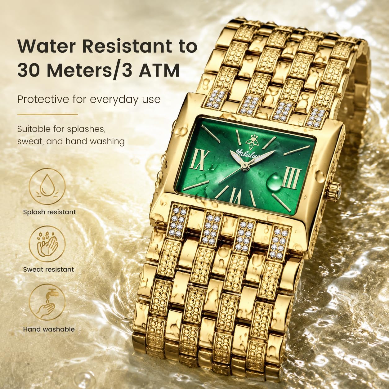 Women's Luxury Gold Watches with Green Dial, Stylish Ladies Bracelet Watch | Rectangular Dial, Crystal Wide Band