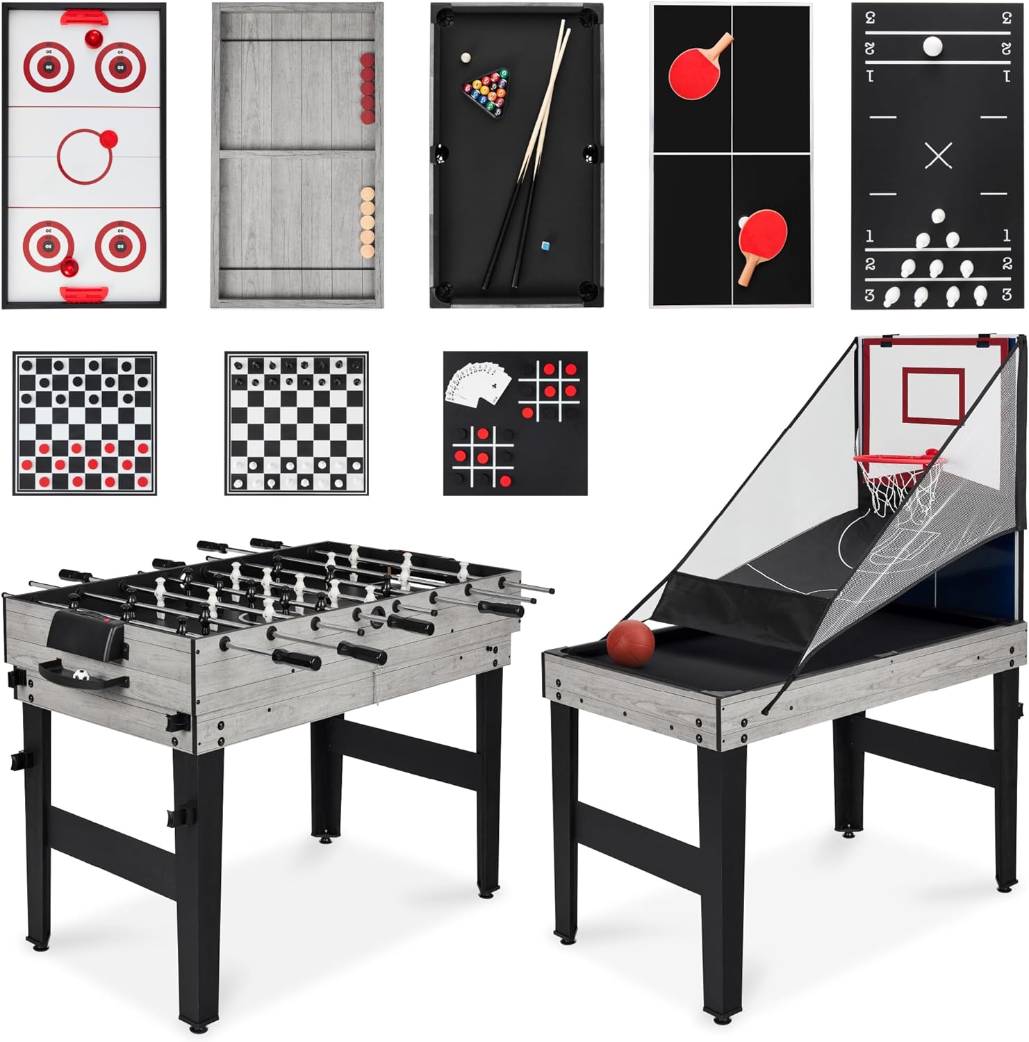 Combo Game Table Set for Home, Game Room, Friends & Family w/Ping Pong, Foosball, Basketball, Air Hockey, Archery