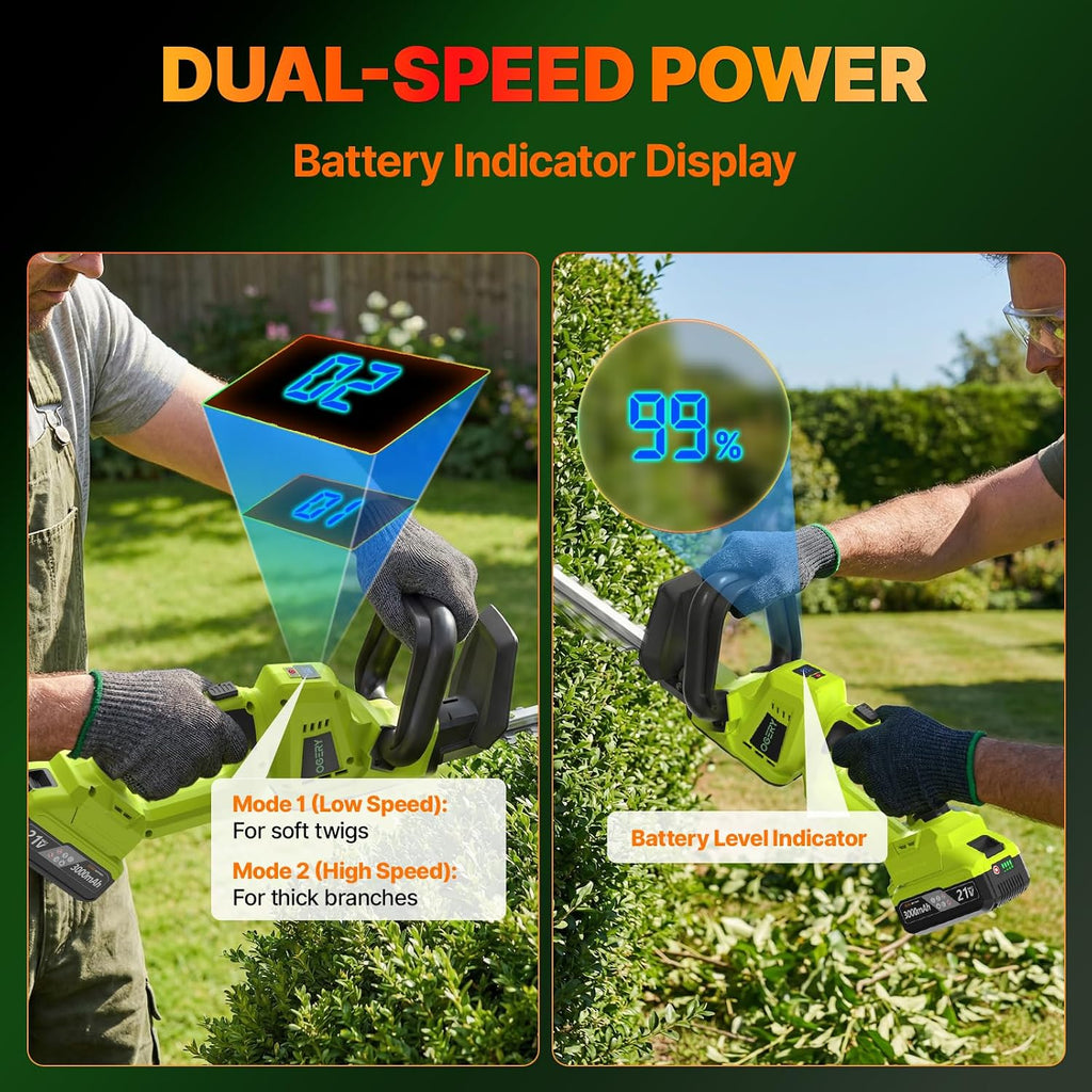 20-Inch Brushless Cordless Hedge Trimmer with 2×3.0Ah Battery, 21V Electric Bush & Shrub Trimmer with Display