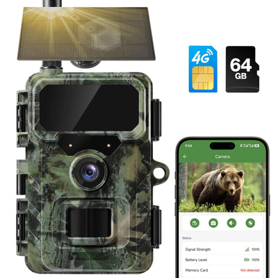 Cellular Trail Camera Solar, 4G LTE Game Cameras 64MP 2K HD Live Streaming,Night Vision Outdoor Camera,Rechargeable