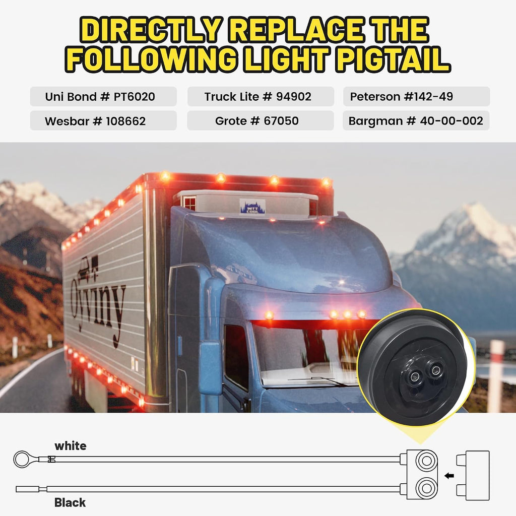 10PCS Truck Trailer 2 Wire Pigtail Harness 8.5" Long, Right Angle 2 Pin Trailer Light Connector Fits with 2" and 2.5"
