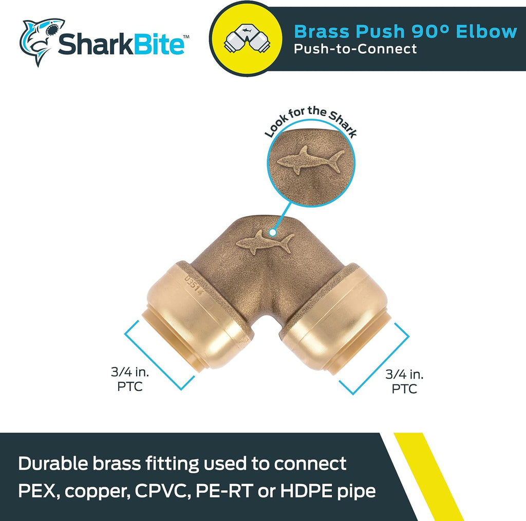 SharkBite 3/4 Inch 90 Degree Elbow, Push to Connect Brass Plumbing Fitting, PEX Pipe, Copper, CPVC, PE-RT, HDPE, U256LFA