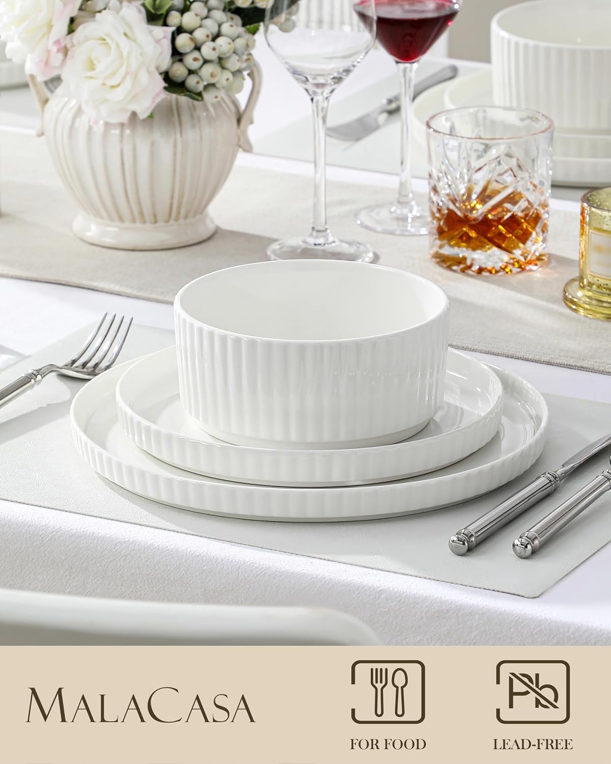 Porcelain 12 Pieces Plates and Bowls Set, Dinnerware Set for 4