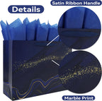 16.5'' Extra Large Blue Marble Gift Bag Set with Handles, Greeting Card, Tissue Papers and Stickers for Men Boys Kids
