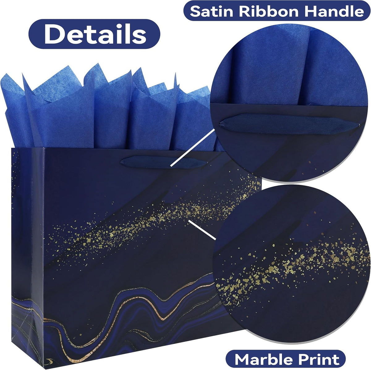 16.5'' Extra Large Blue Marble Gift Bag Set with Handles, Greeting Card, Tissue Papers and Stickers for Men Boys Kids